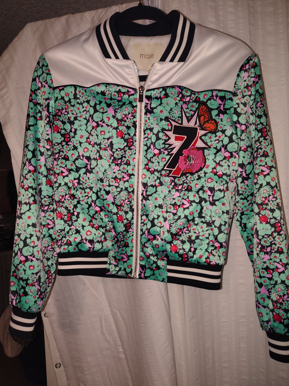 Maje Mint Floral Bomber Jacket with Pink & Black Accents Size 36/S